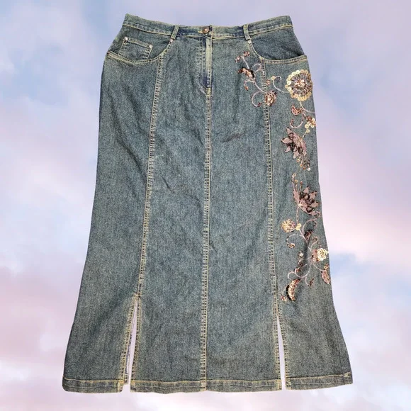 NWT Vtg Y2k Christine Phillipe ItGirl Preppy Beaded Floral Denim Skirt Sz 12 - Picture 1 of 4